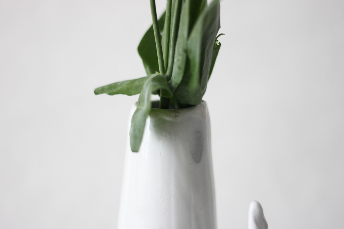 Close-Up of Sprouted Freeform Vase with Greenery – Handcrafted Ceramic Design