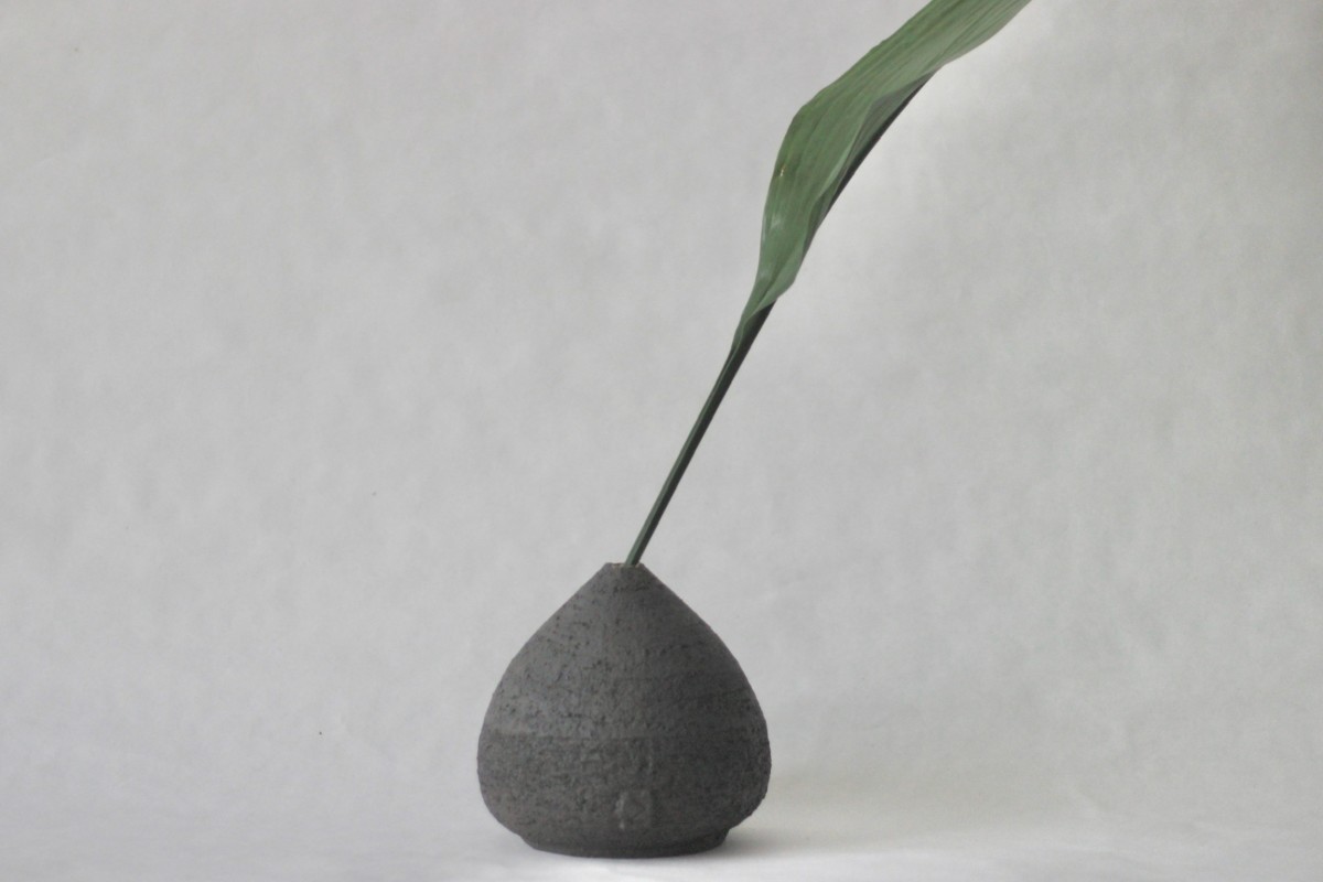 black hazelnut shape ceramic vase with plant on a gray background 5