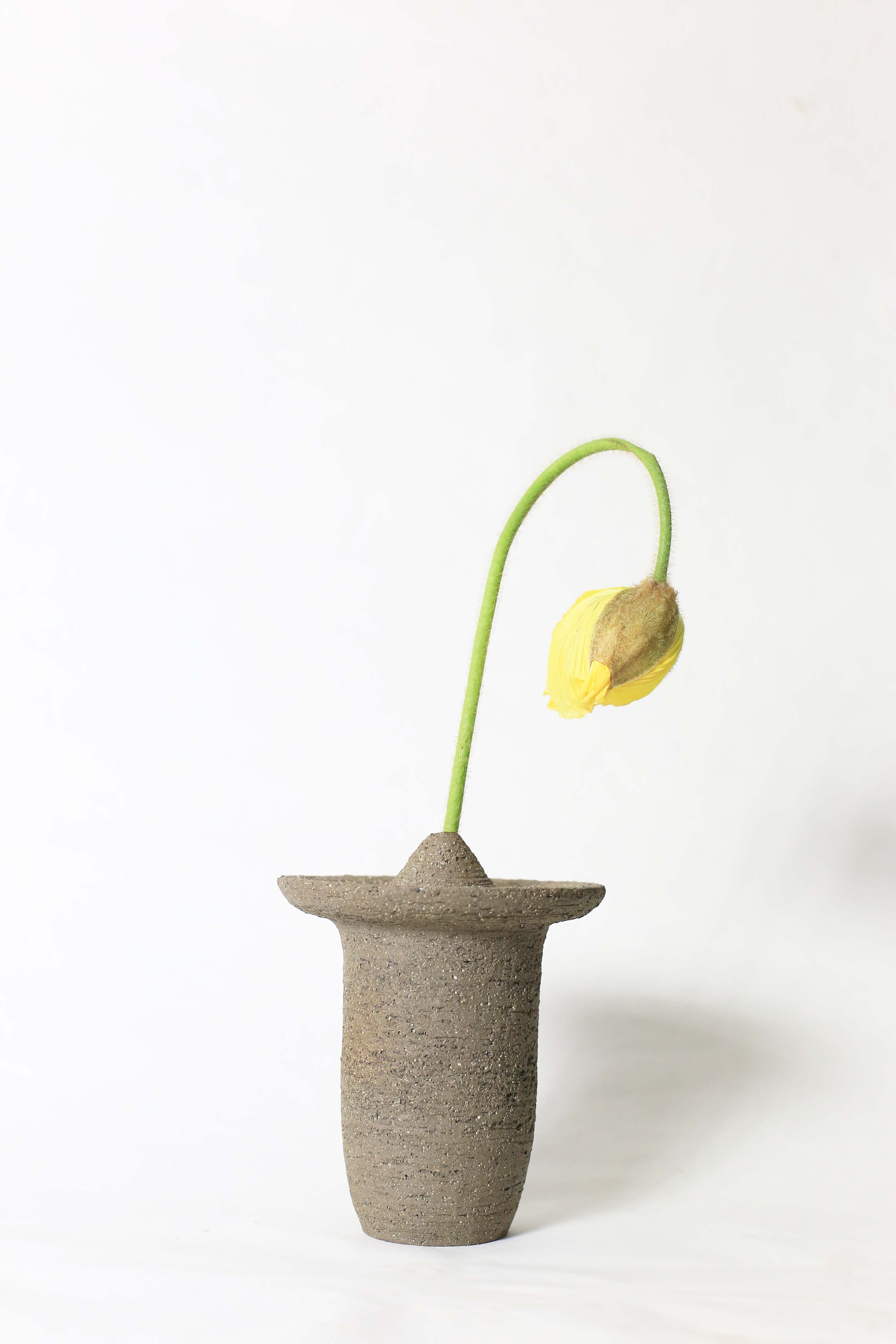 Ufo shaped gray ceramic vase with a yellow flower on a white background 2