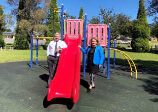 Acting General Manager Les McMahon from Wingecarribee Shire Council and Wendy Tuckerman at the Church Road playground in Moss Vale.
