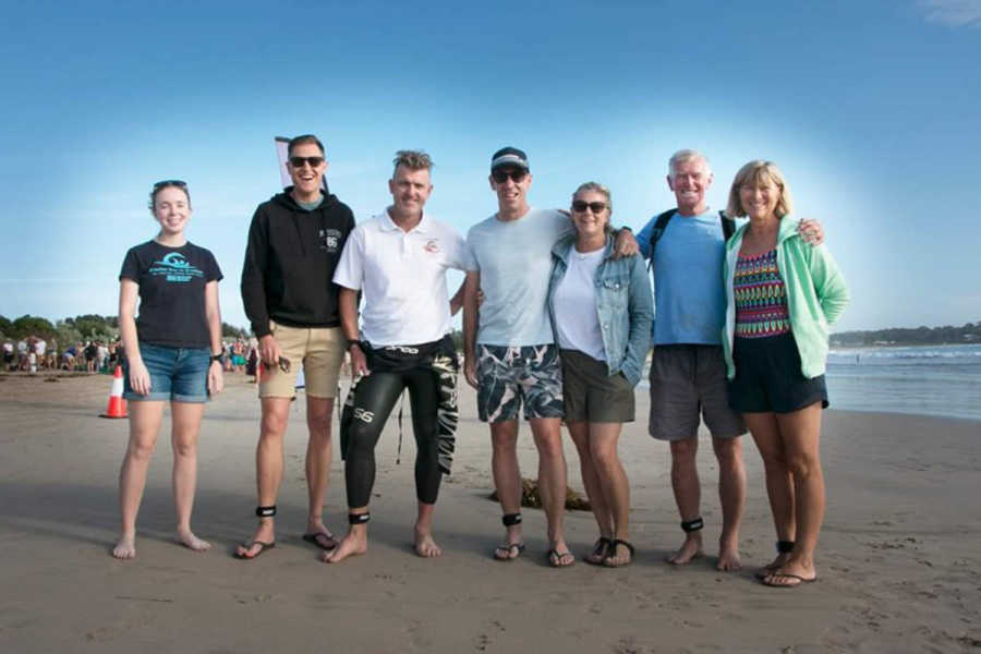 Broulee ocean swim with Jacqui Oberg (support), Jaemin Frazer, Andy Oberg Jason-Pattison, Annette Pattison (support), Neil Kennedy and Geordie Kennedy.