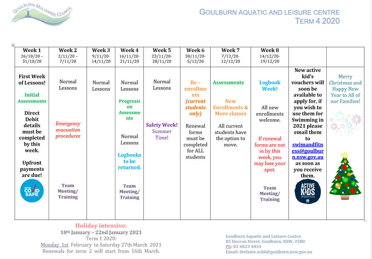 Goulburn Aquatic and Leisure Centre Term 4 2020 Timetable