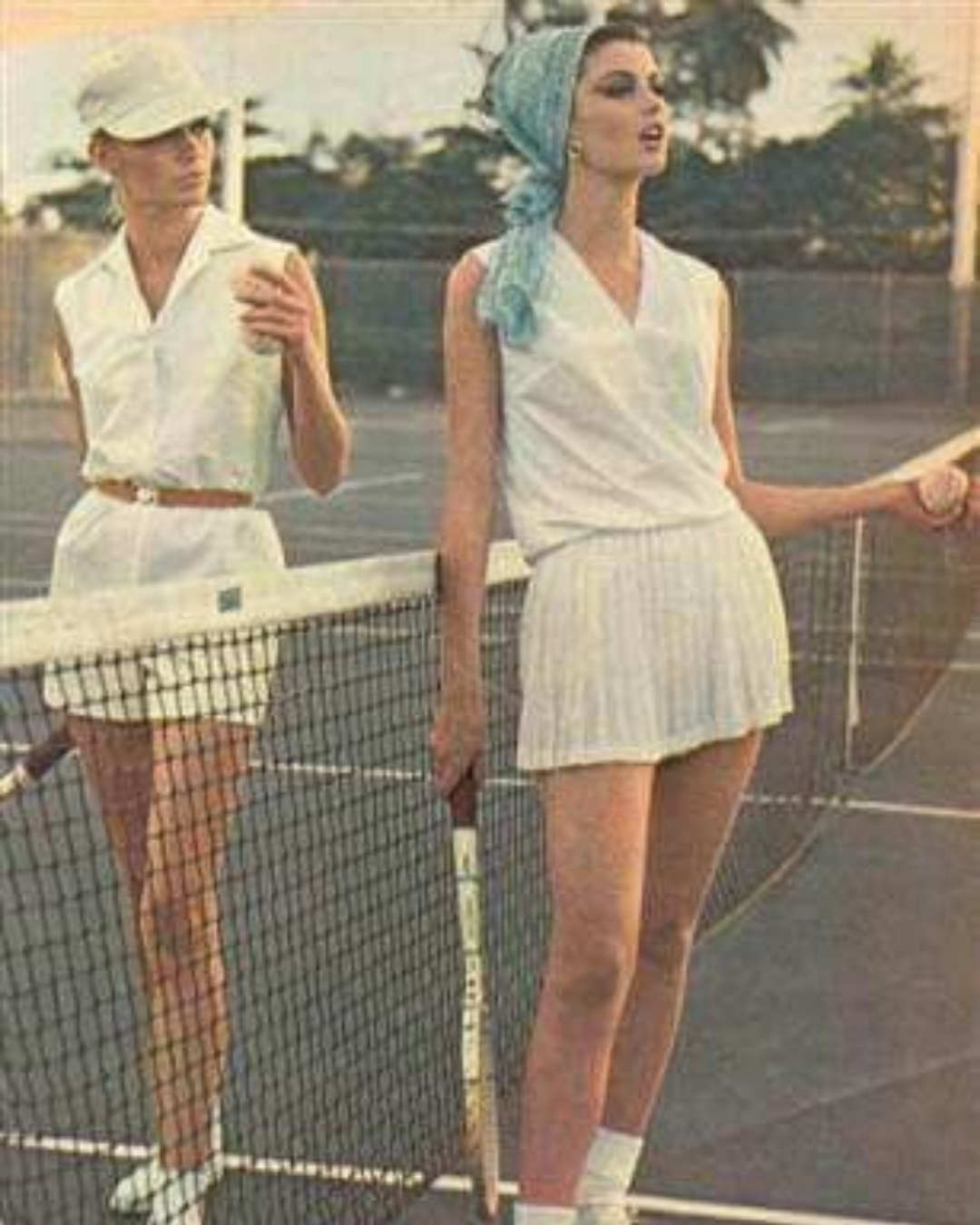 Vintage Tennis Fashion Image with Blue Scarf over the hair.