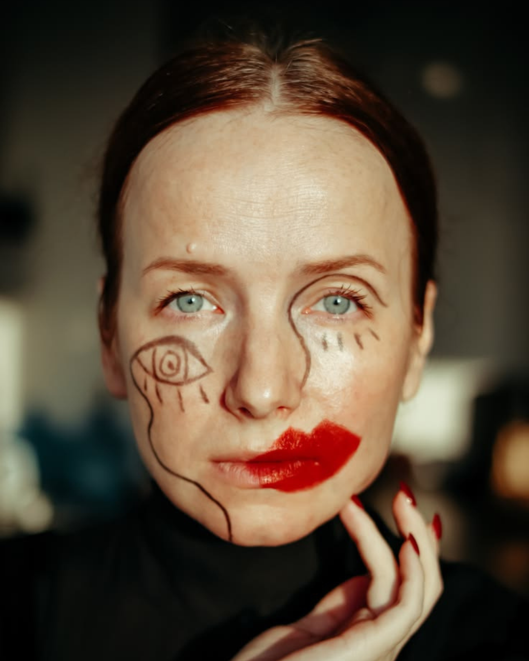 Line Art with red lip makeup