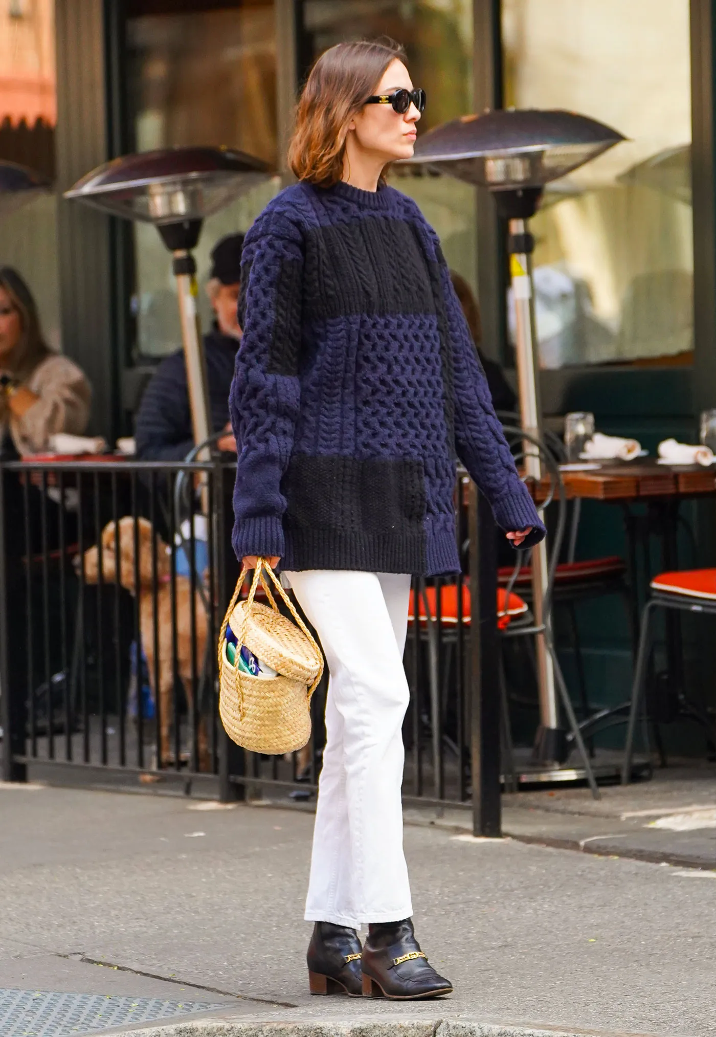 basket bag with white jeans and sweater alexa chung
