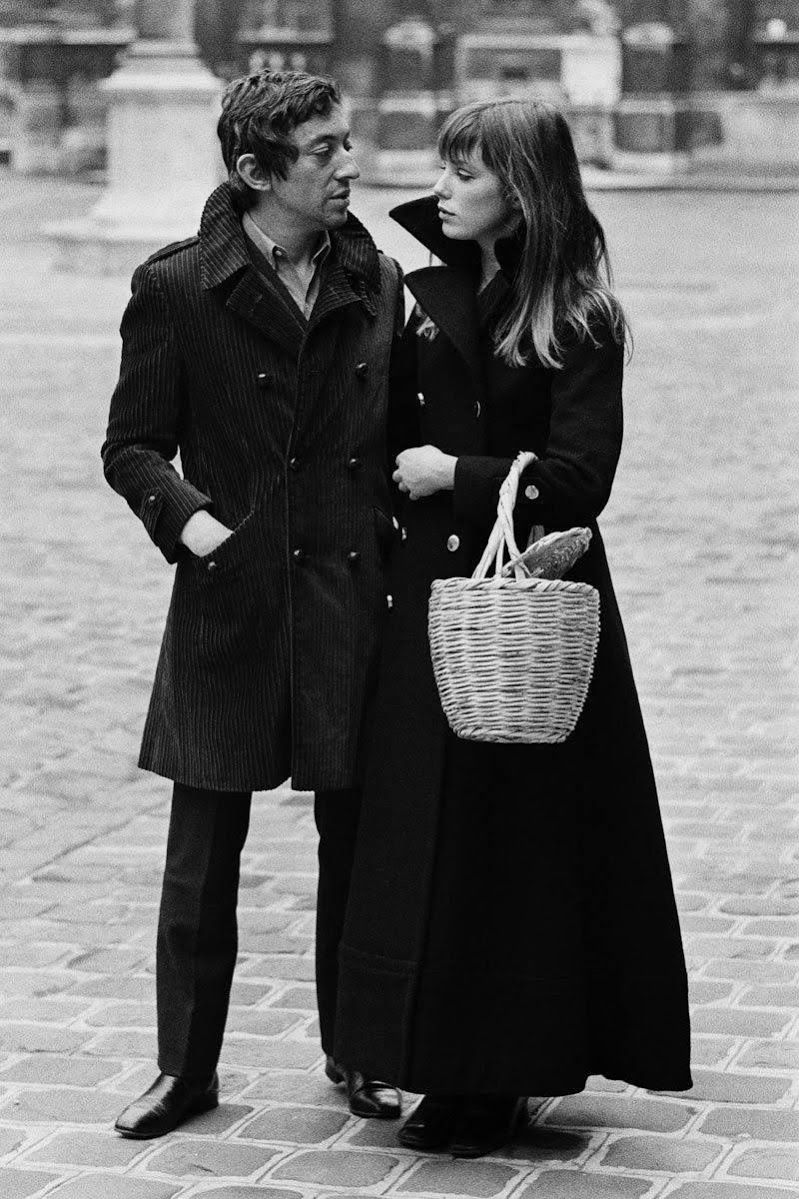 Jane Birkin in wool coat with her basket bag