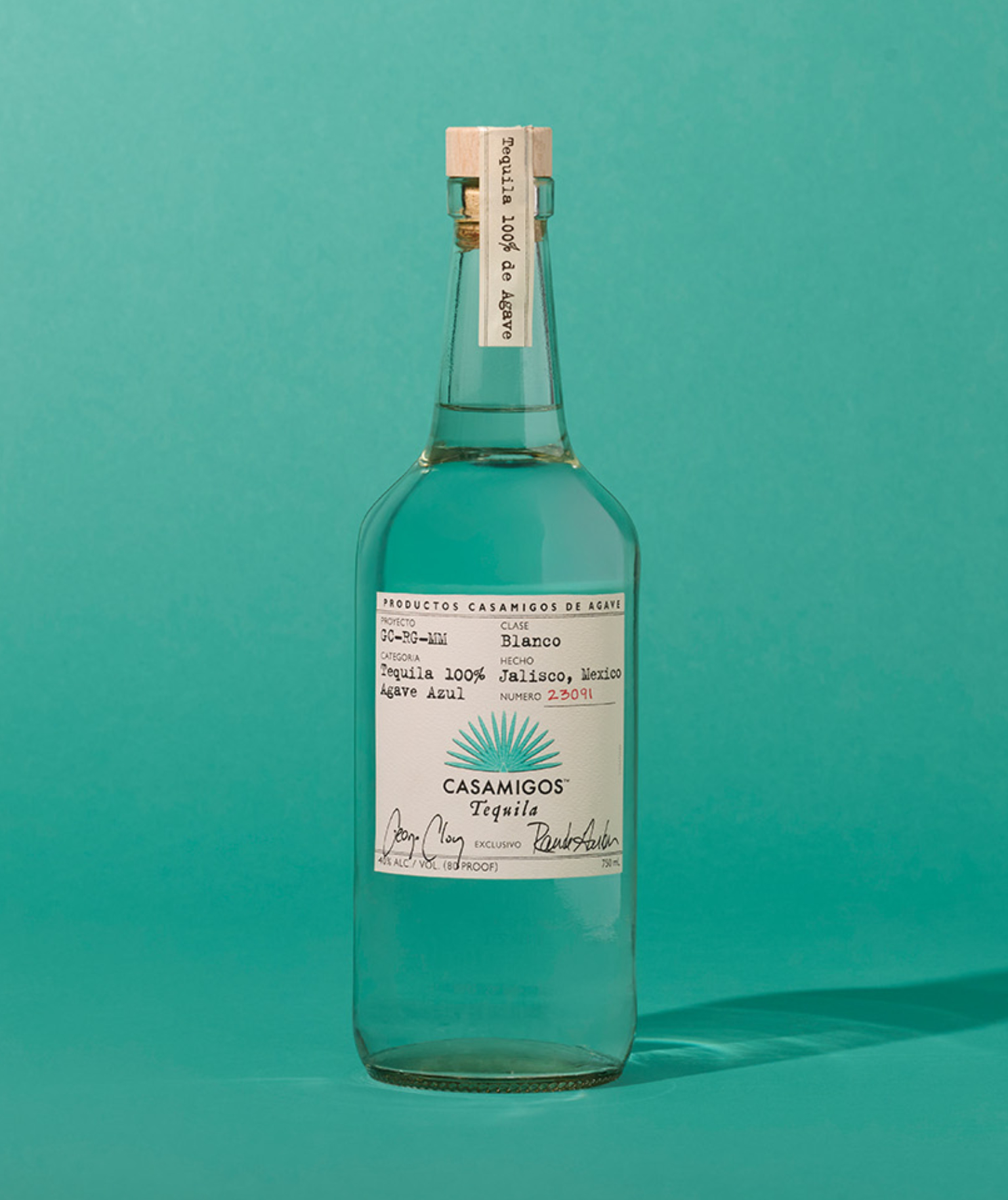 A bottle of Casamigos Blanco tequila.