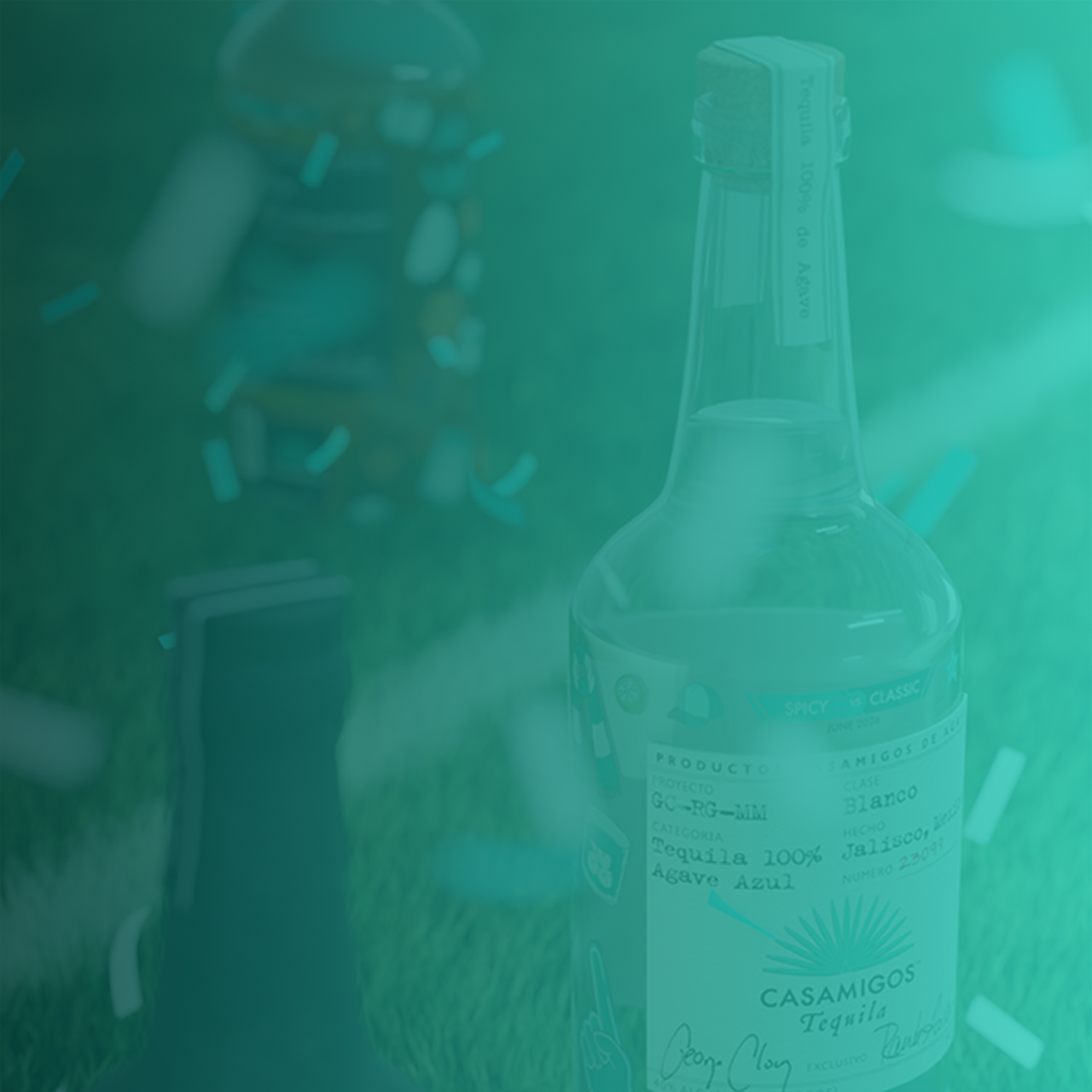 Casamigos bottles standing on a soccer field