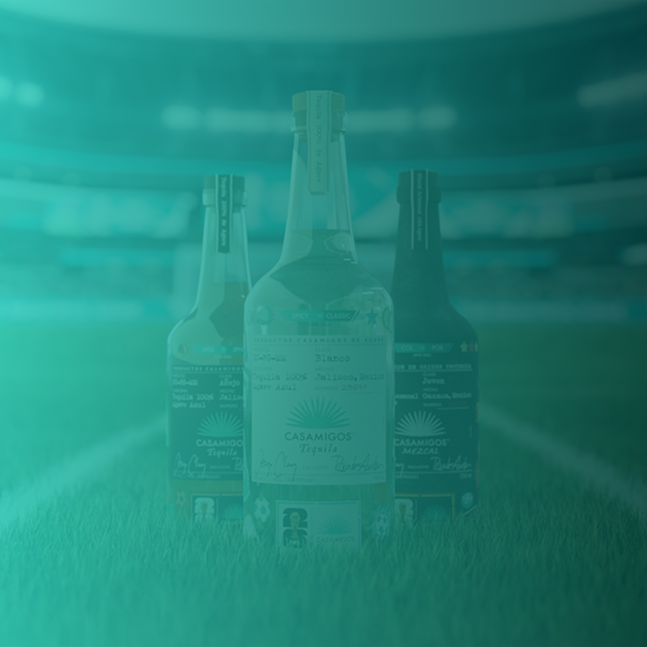 Casamigos bottles standing on a soccer field