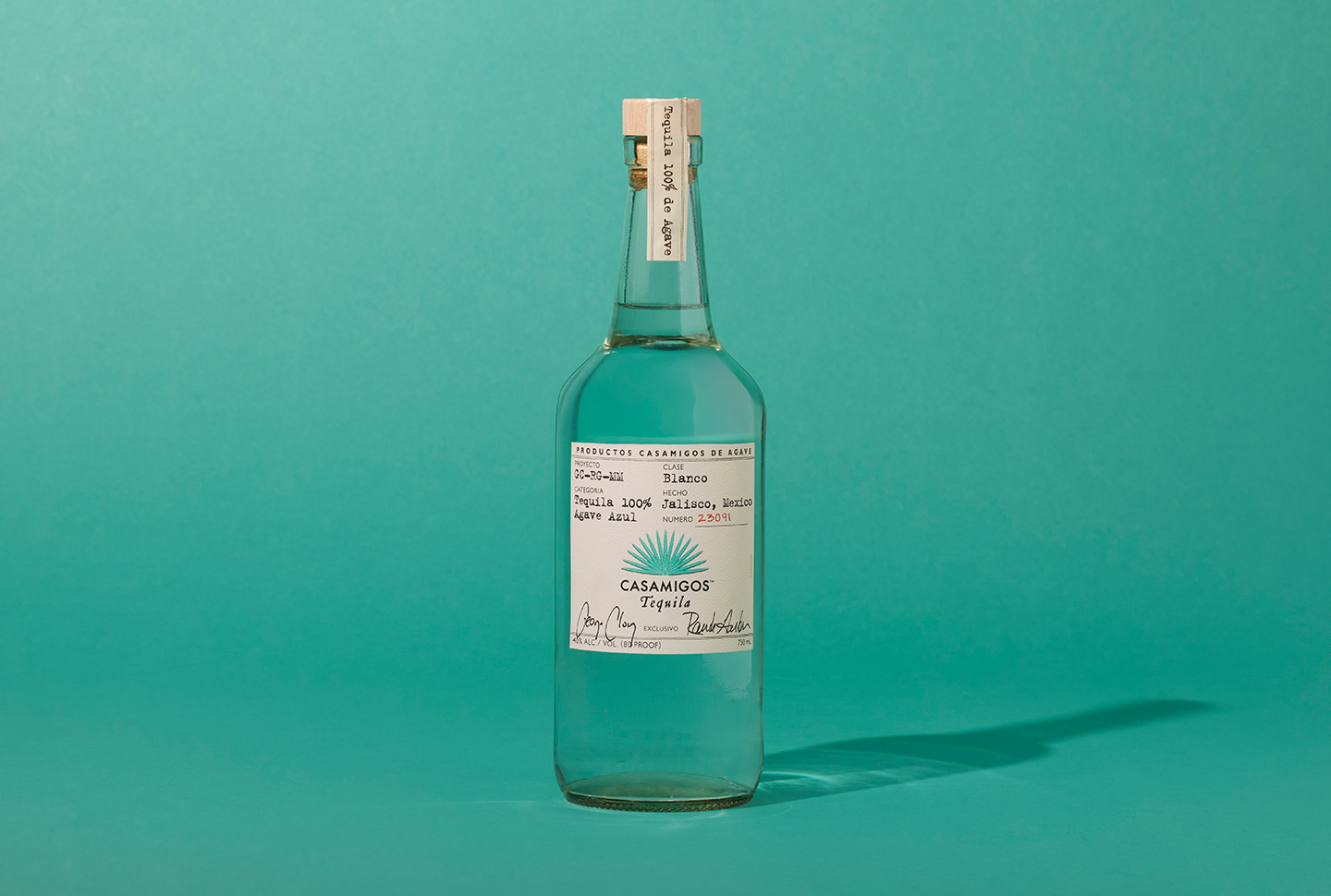 A bottle of Casamigos Blanco tequila.