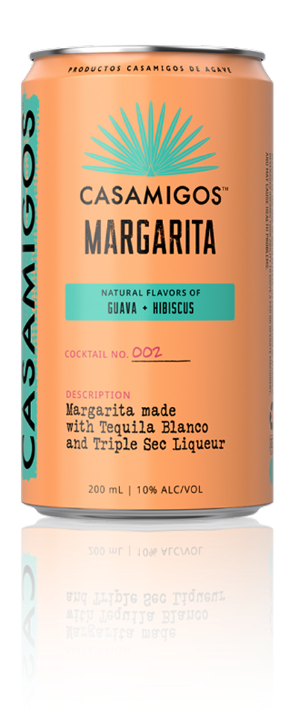 An orange can of Casamigos Guava + Hibiscus Margarita made with Tequila Blanco and Triple Sec Liqueur