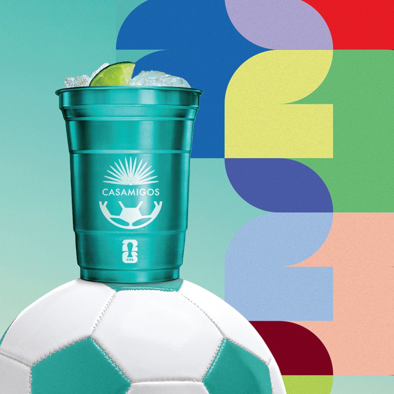 Casamigos Margarita sitting on a soccer ball with colorful background.