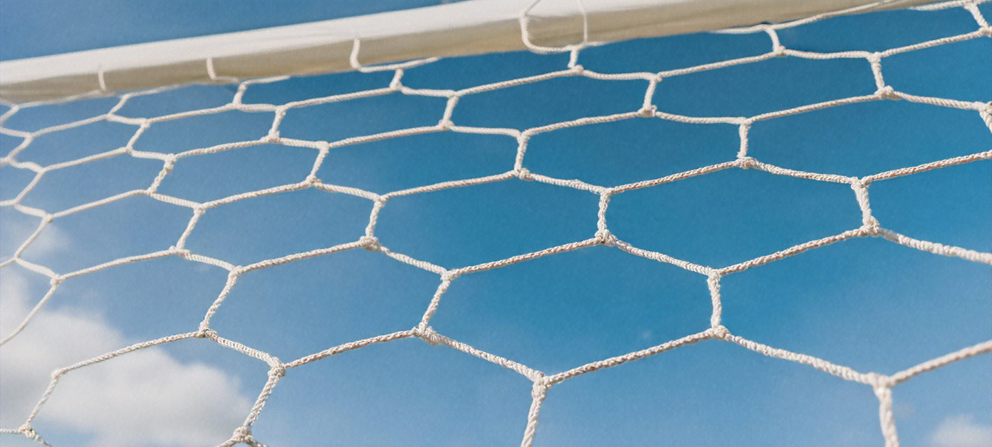 Close-up of a stadium goal net against a blue sky.