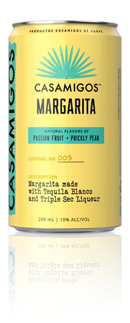 A yellow can of Casamigos Passion Fruit + Prickly Pear Margarita