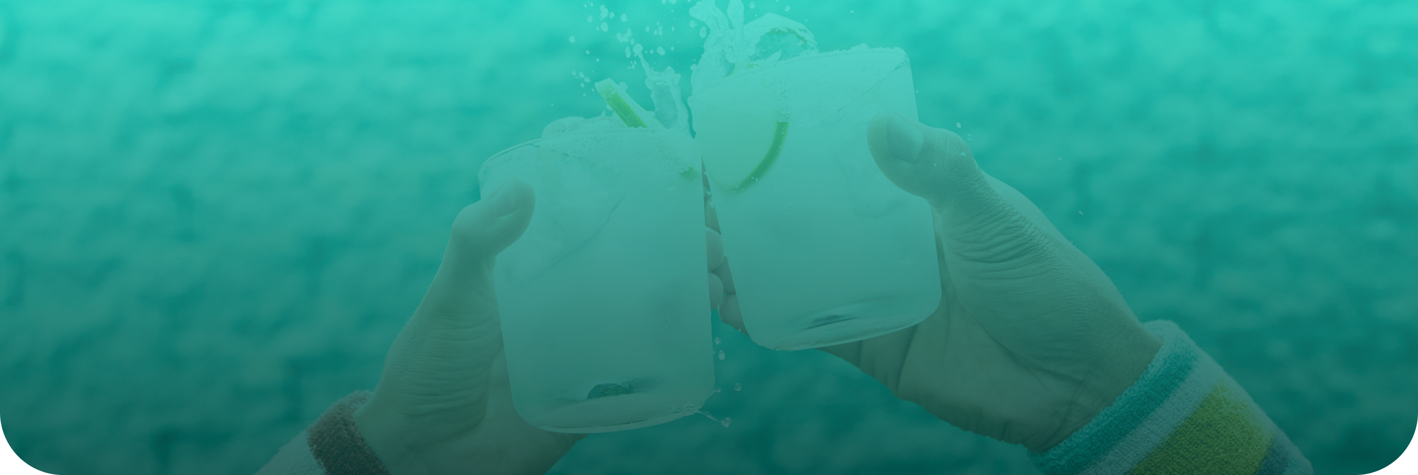 Two hands clink margaritas in rocks glasses with lime wedges, splashing against a teal background.