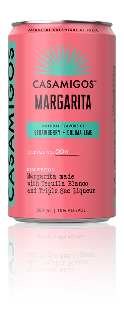 A red can of Casamigos Strawberry + Colima Lime Margarita made with Tequila Blanco and Triple Sec Liqueur