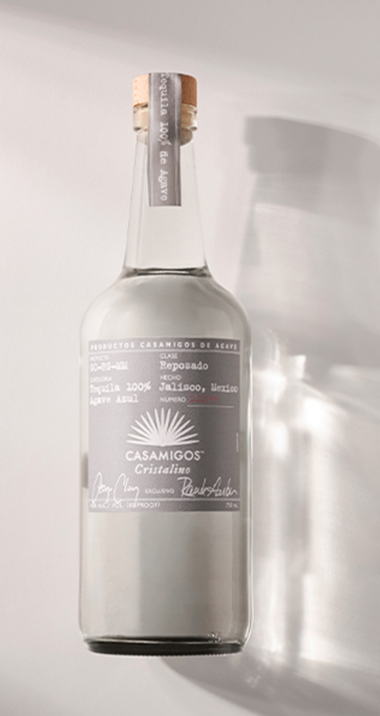A bottle of Casamigos Cristalino tequila.