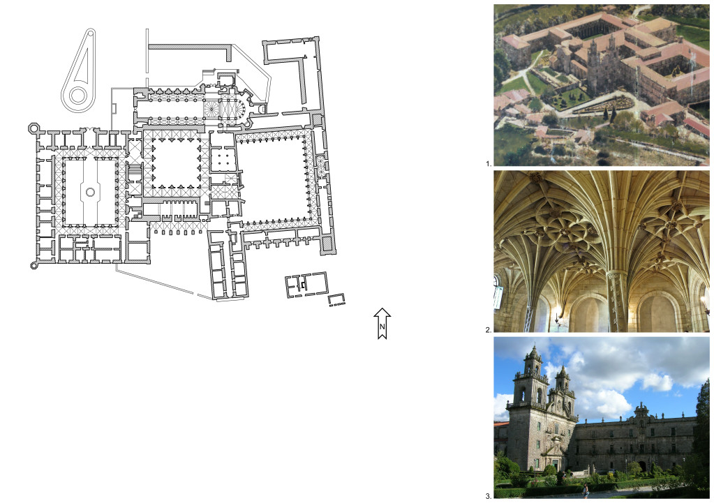 Floor plan and images of the Monasterio de Santa María de Oseira