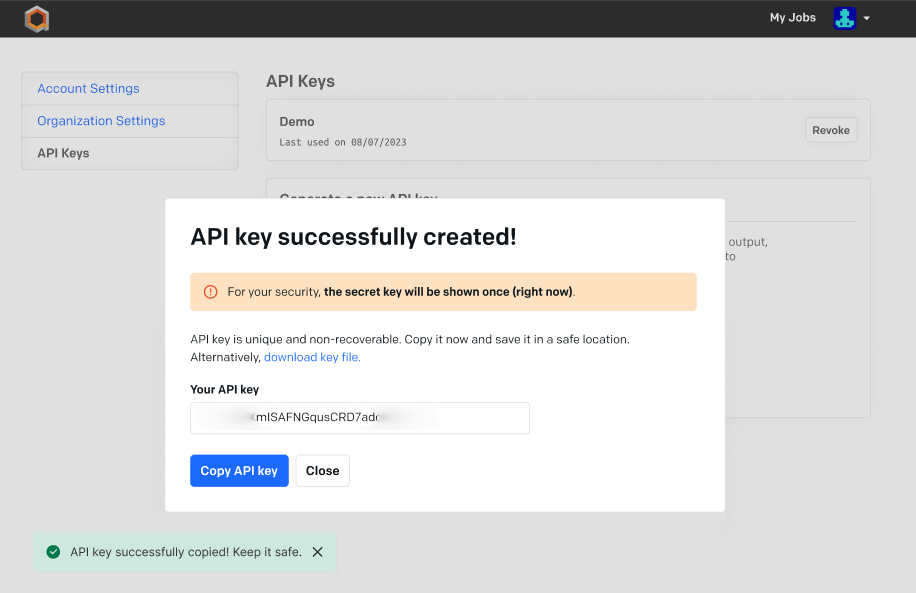 Successful API Key creation