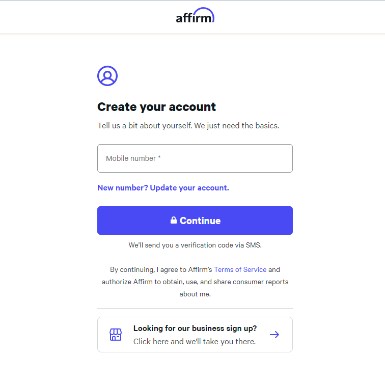 Screenshot of Affirm's sign up page on web