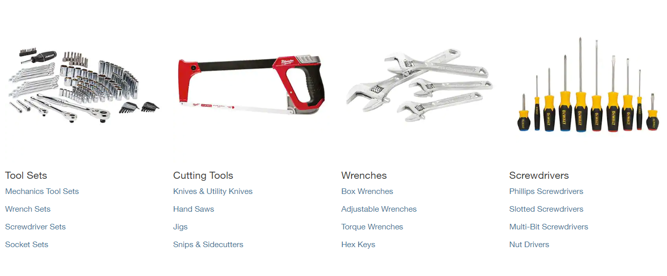 Screenshot of examples of common hand tools at Home Depot