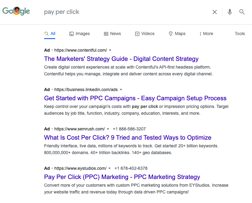 Google showing paid ads when searching for the term 'pay per click'