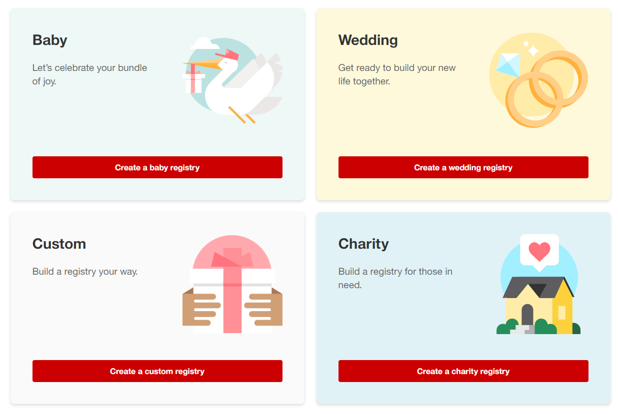 Target registry options - baby, wedding, charity or custom