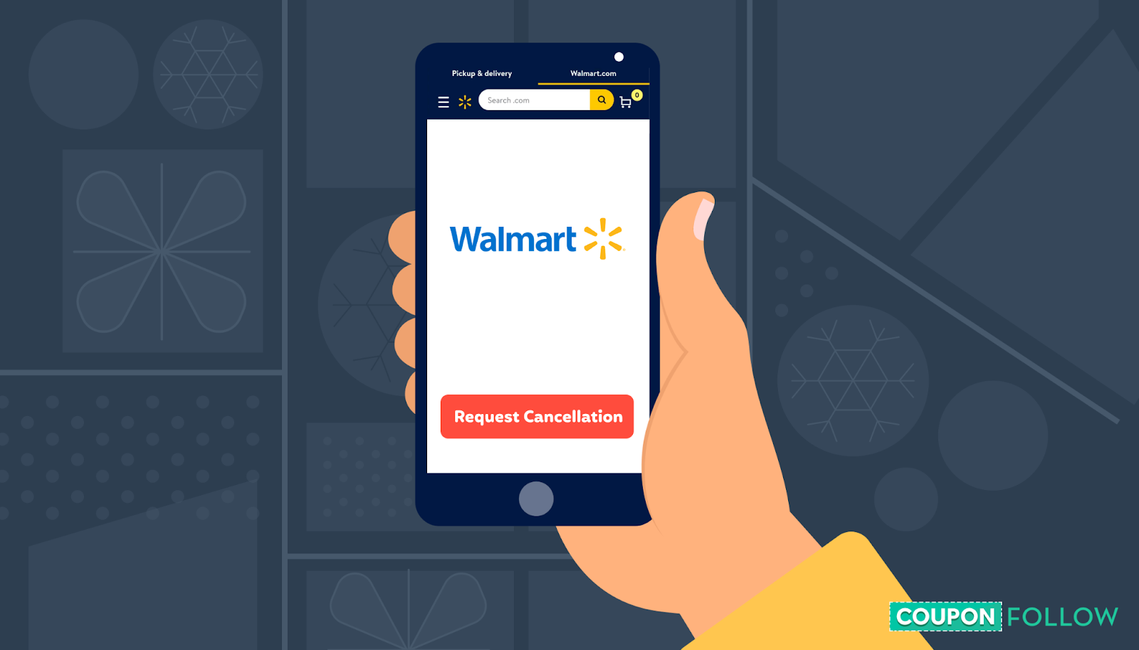  Illustration of mobile phone screen with Walmart logo and cancellation button