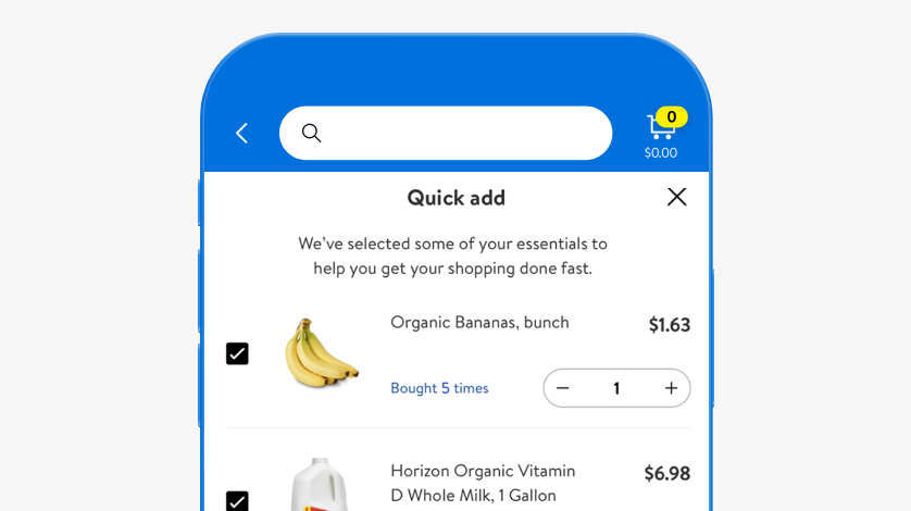 A digital shopping list on the Walmart app