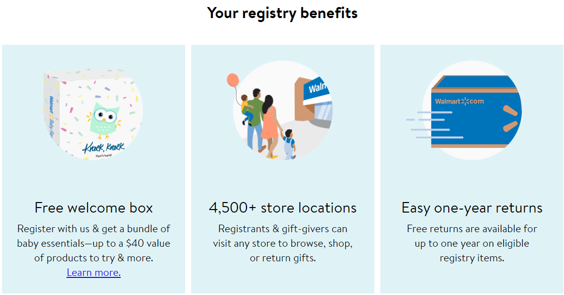 image showing the benefits that a person receives when signing up for the walmart baby registry welcome box