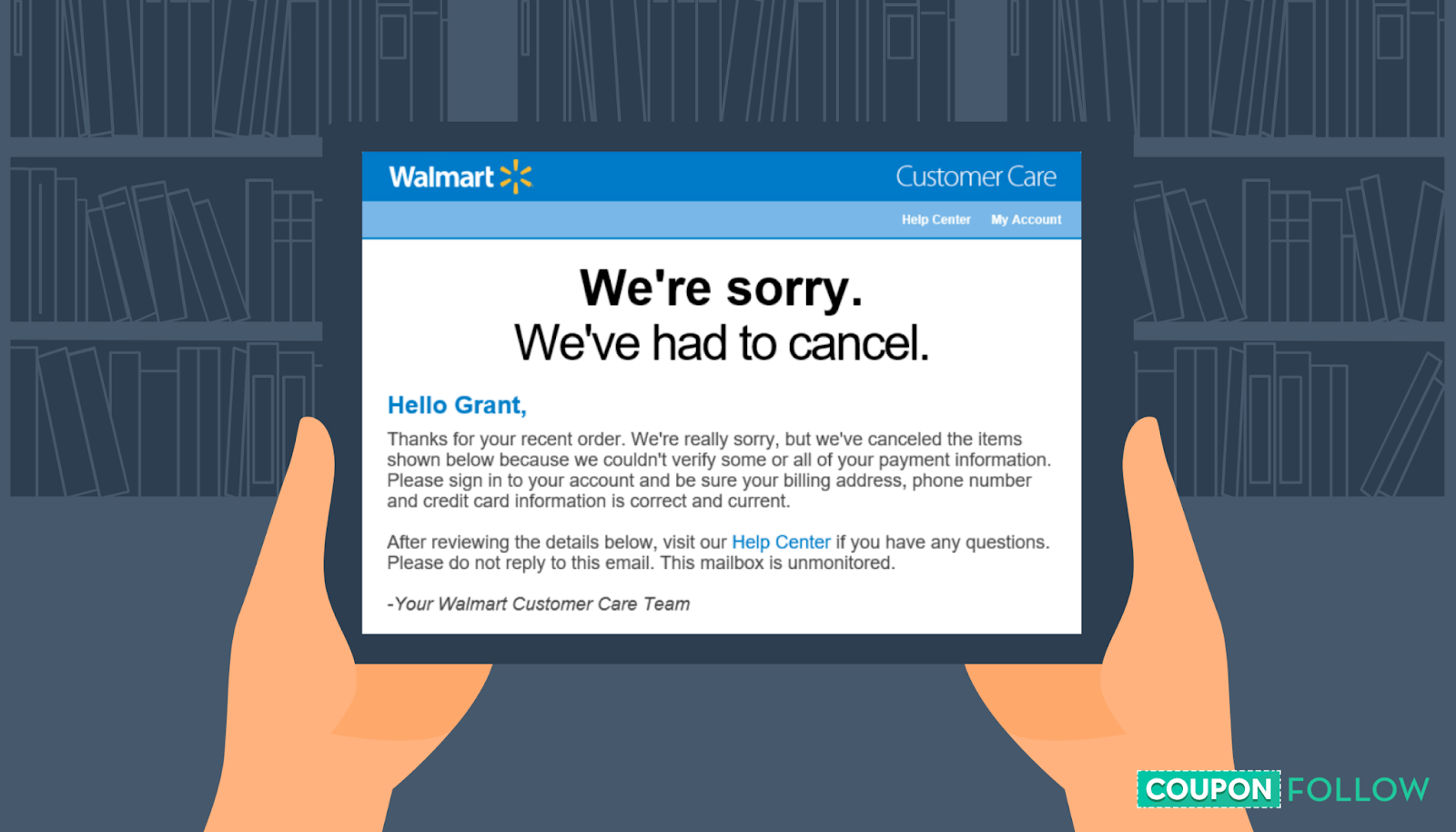 Illustration of person holding phone with apology email from Walmart on-screen