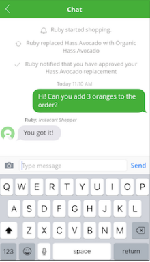 Chatbox showing conversation with Instacart personal shopper