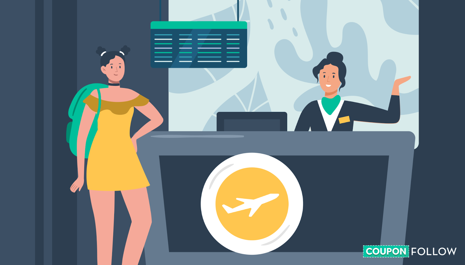 Illustration of student at airline check in desk