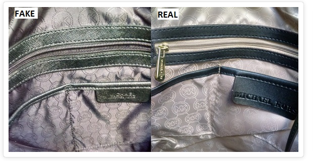 Image showing how stitching differs on a fake and real Michael Kors purse