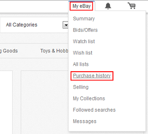  image of where the purchase history button is located on eBay's website