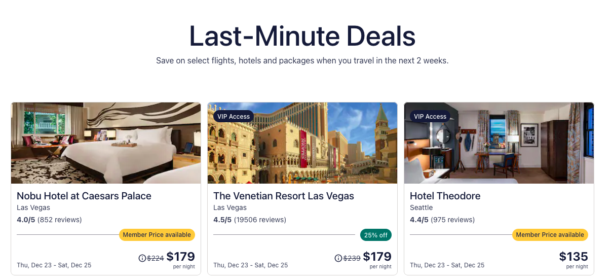 Screenshot of the Expedia website showing last-minute deals and promotions