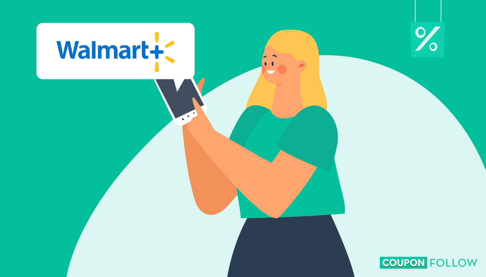 person holding mobile phone with Walmart+ logo on screen