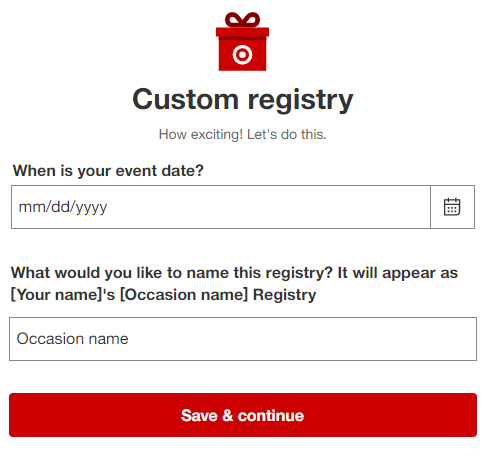 A form with questions to help create a custom registry on Target