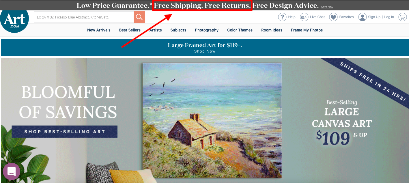 Screenshot of Art.com's homepage with their free shipping and free returns banner