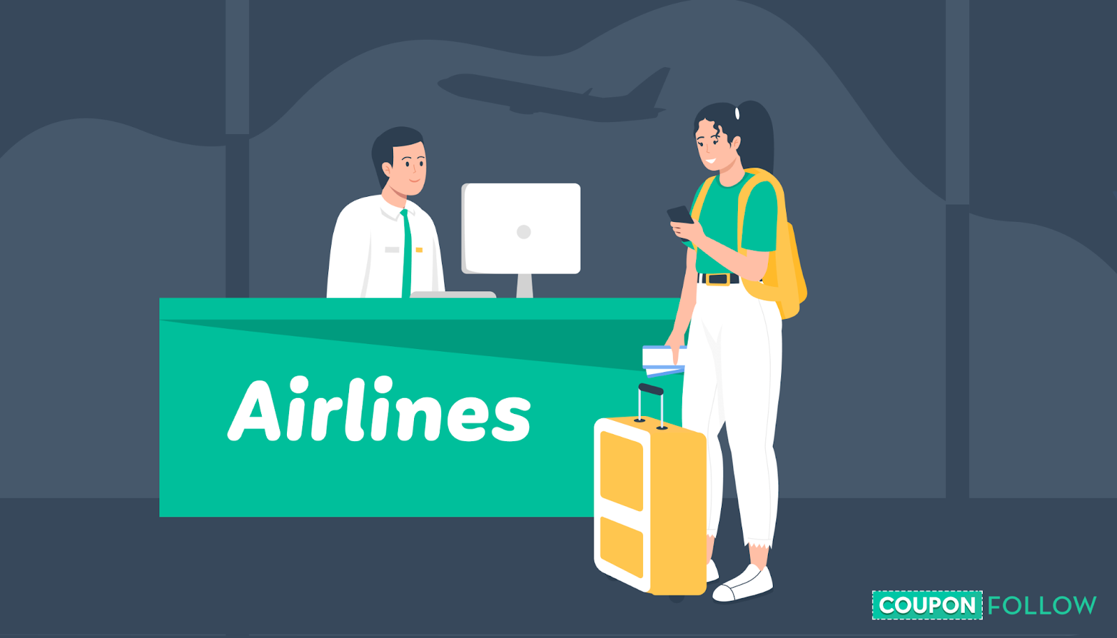 Illustration showing student at airport counter