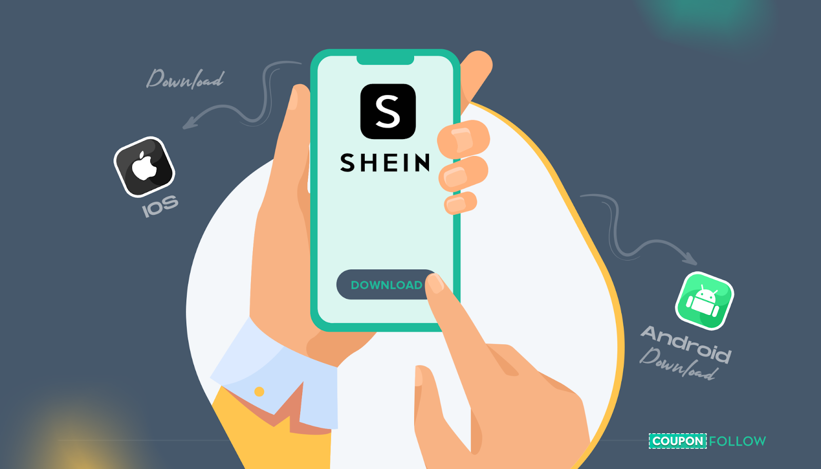 Illustration demonstrating a user downloading the Shein app to their mobile device