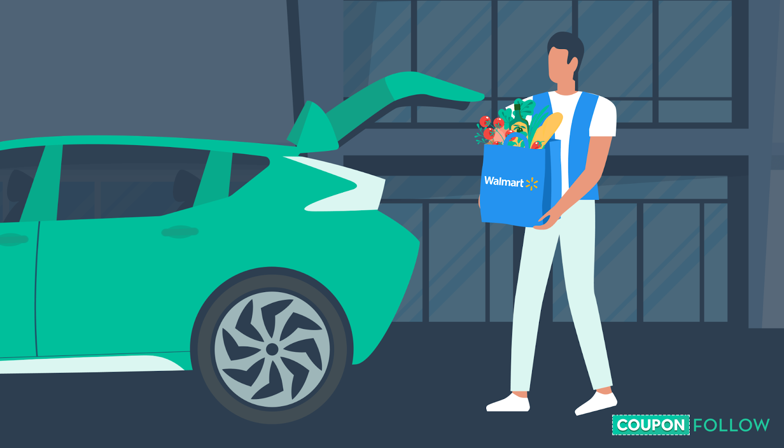 Illustration of person in blue apron carrying bag to waiting car
