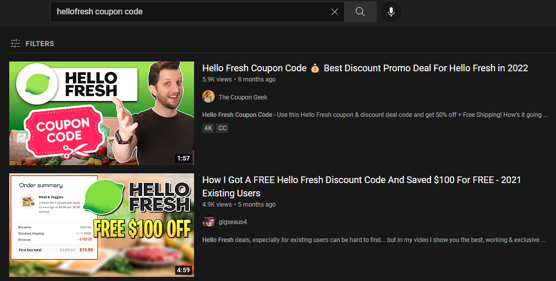  image showing an example of searching for a promo code on youtube