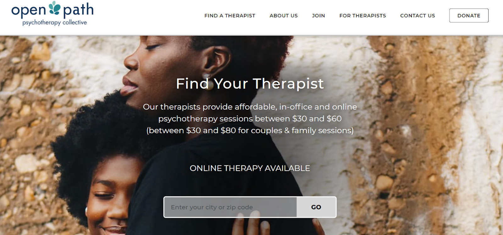 Screenshot of Open Path 'Find Your Therapist' zip code search box
https://openpathcollective.org/
