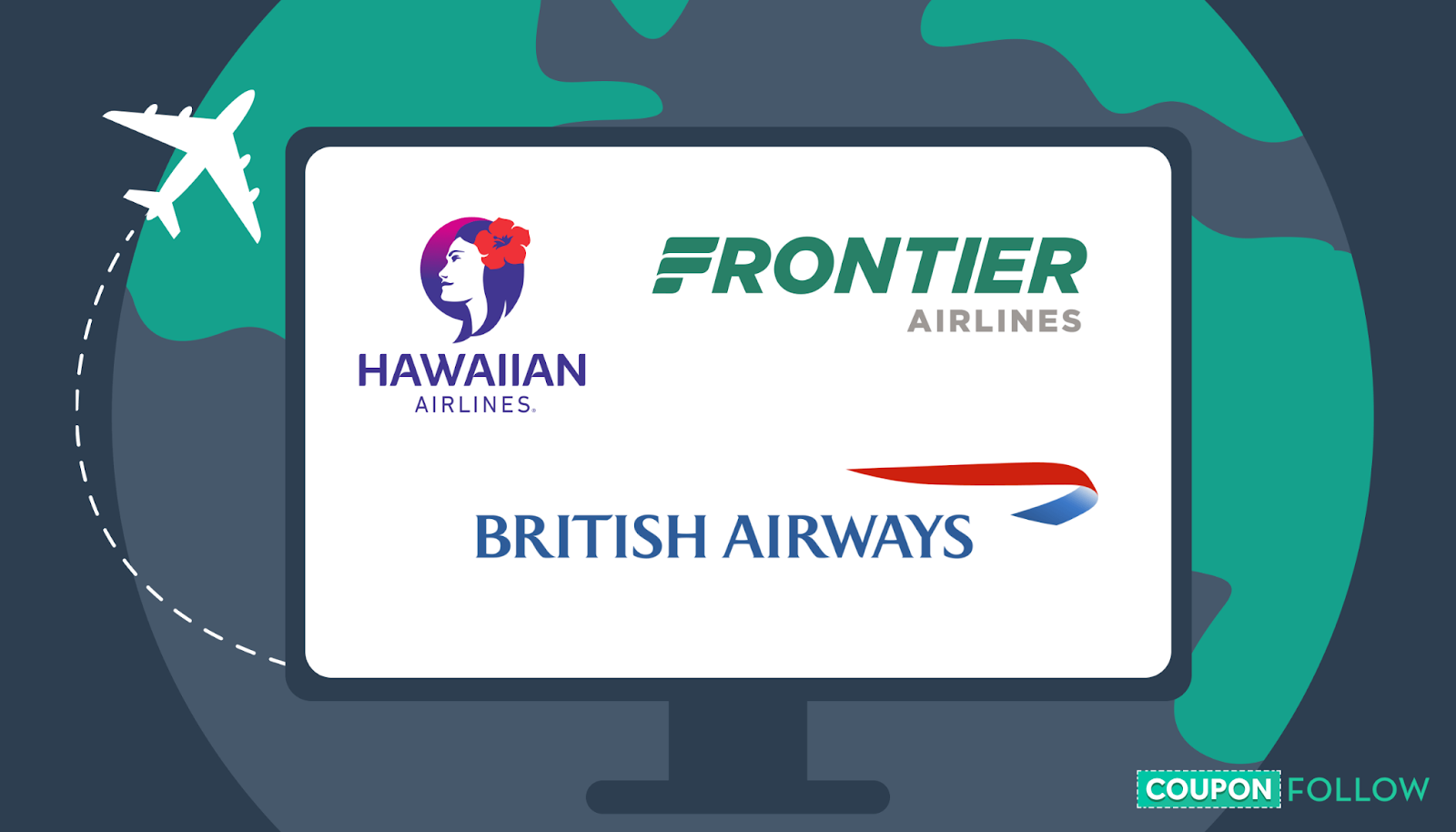 Illustration of computer screen showing airline logos that offer discounts