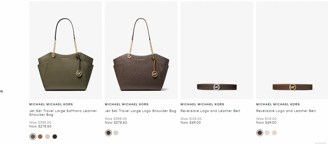 Screenshot of example sales items at Michael Kors