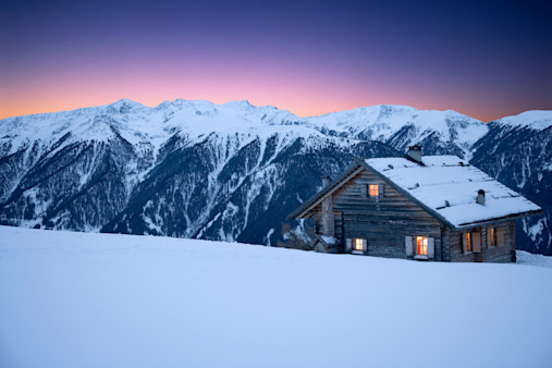 Chalet at night, Luesener Alm, Dolomite Alps, South Tyrol, Italy