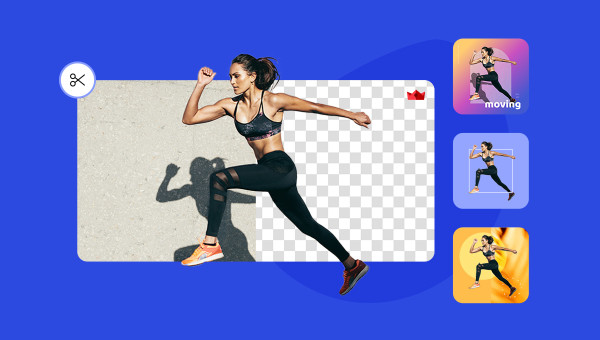 Photo of a woman running with background removed behind her, using 1-click background remover.  A transparent background shows on one half and a paper texture on the other half of the background.