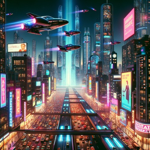 Futuristic city with retro style flying cars