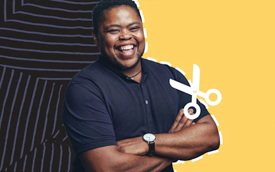 Man with photo background removed behind him. The background is replaced with a colored yellow background & fabric texture.